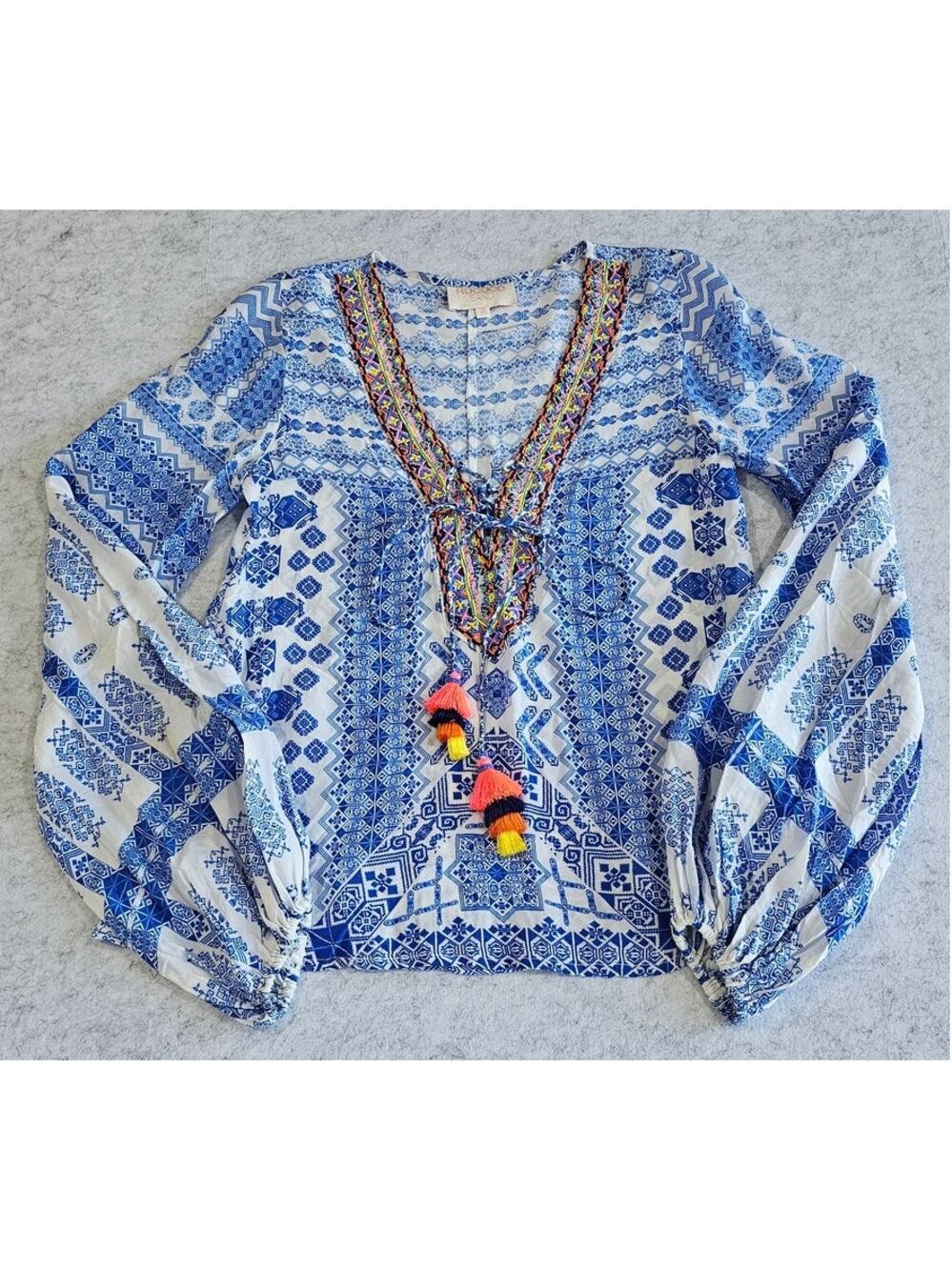 Rococo Sand Blue White Beaded Ionic Top Boho Tassel V-Neck Festival Resort Sz XS